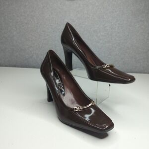 VTG Bandolino Brown Patent Leather Square Toe‎ Heeled Pumps 8M Horsebit buckle